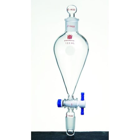 Synthware FUNNEL, SEPARATORY, 14/20, 2mm PTFE STOPCOCK, GLASS STOPPER, 125mL. F451125A